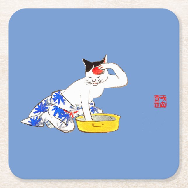 Humorous Japanese Cat Bathing I Square Paper Coaster (Front)