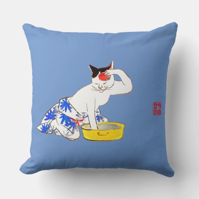 Humorous Japanese Cat Bathing I Throw Pillow (Front)