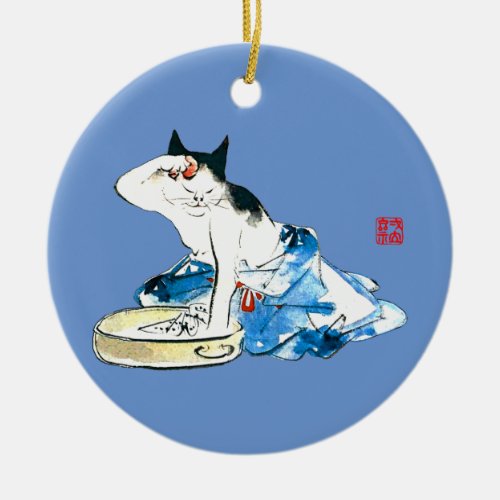 Humorous Japanese Cat Bathing II Ceramic Ornament