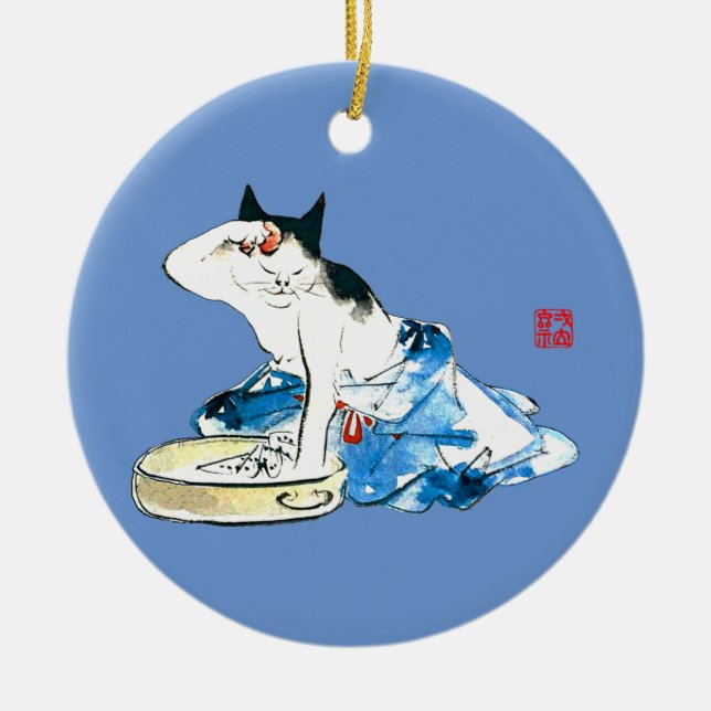 Humorous Japanese Cat Bathing II Ceramic Ornament (Front)