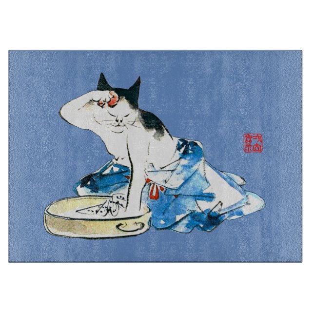Humorous Japanese Cat Bathing II Cutting Board (Front)