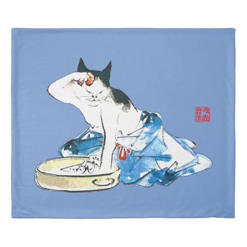 Humorous Japanese Cat Bathing II Duvet Cover