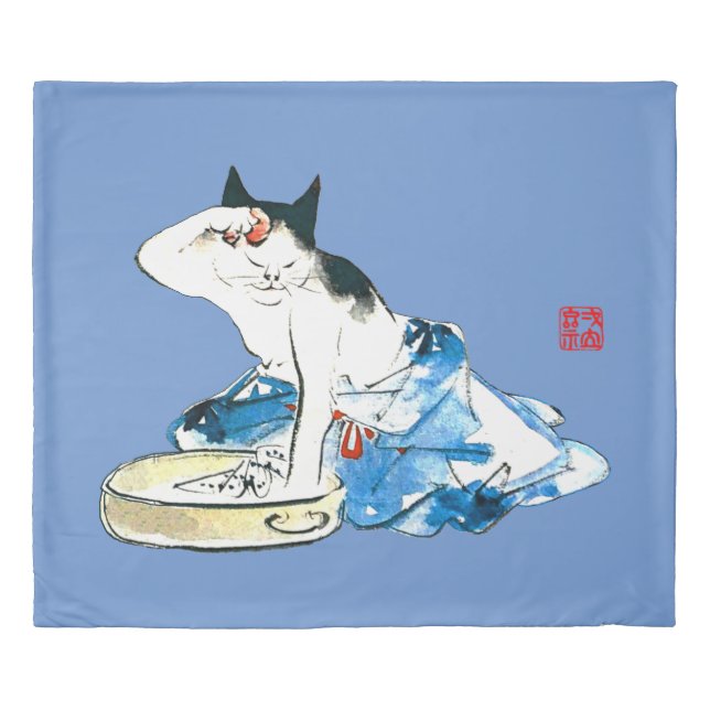 Humorous Japanese Cat Bathing II Duvet Cover (Front)