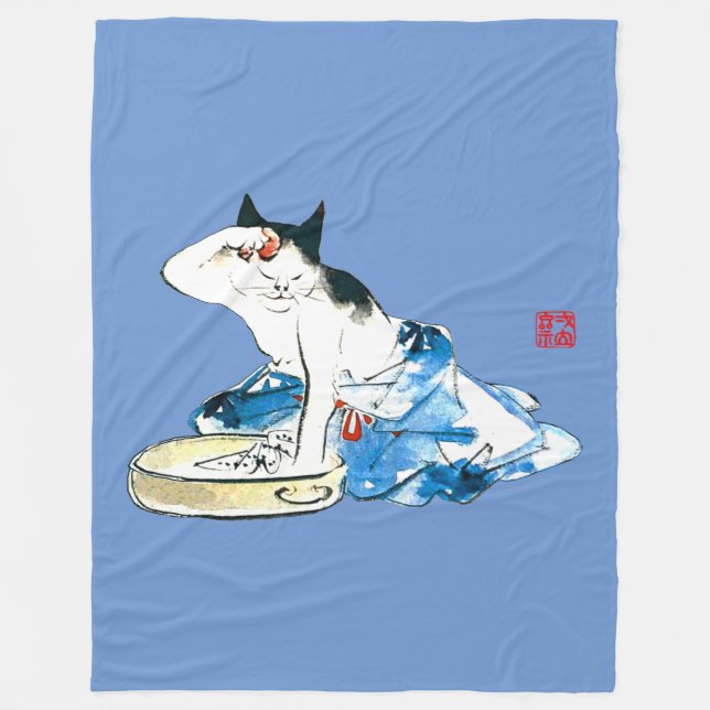 Humorous Japanese Cat Bathing II Fleece Blanket (Front)
