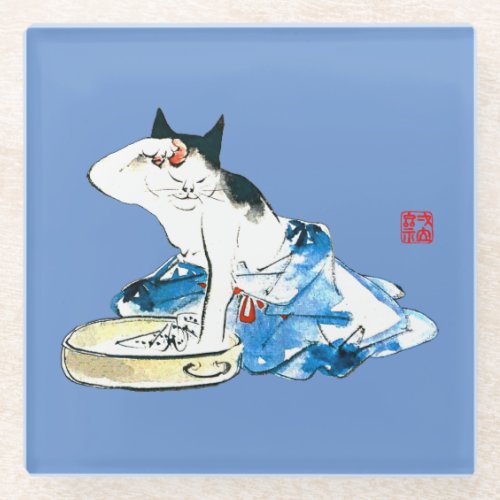 Humorous Japanese Cat Bathing II Glass Coaster
