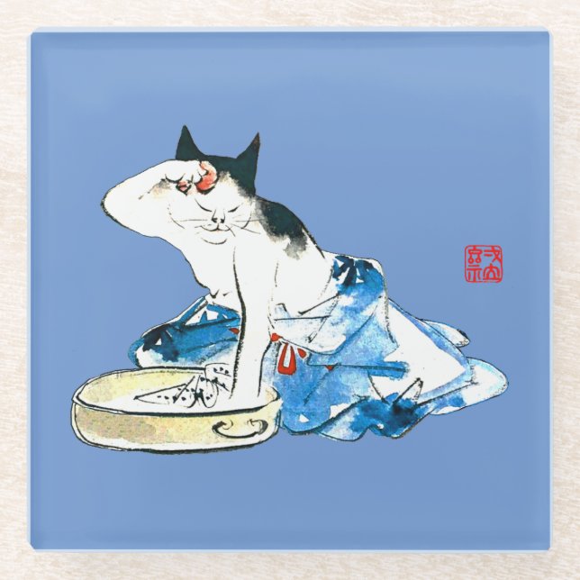 Humorous Japanese Cat Bathing II Glass Coaster (Front)