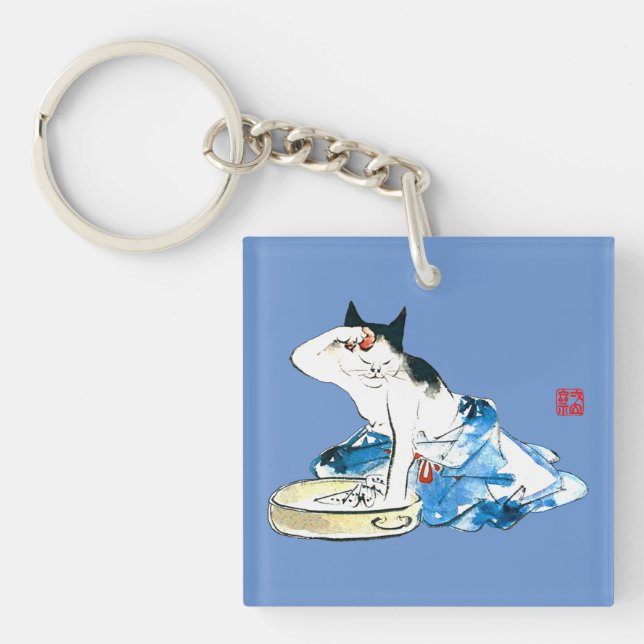 Humorous Japanese Cat Bathing II Keychain (Front)