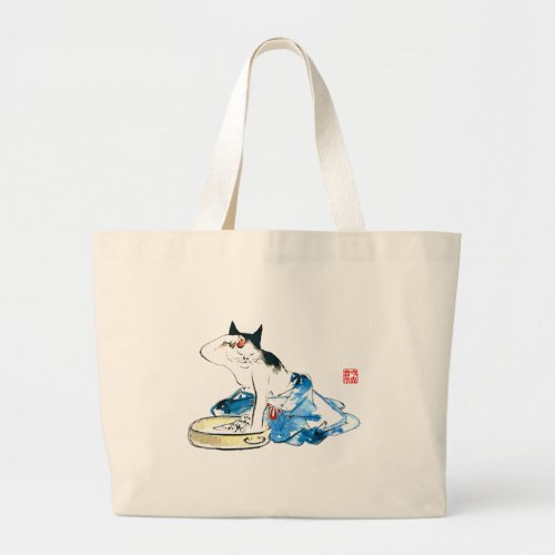 Humorous Japanese Cat Bathing II Large Tote Bag