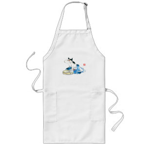 Humorous Japanese Cat Bathing II Long Apron