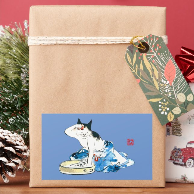 Humorous Japanese Cat Bathing II Rectangular Sticker (Holiday)
