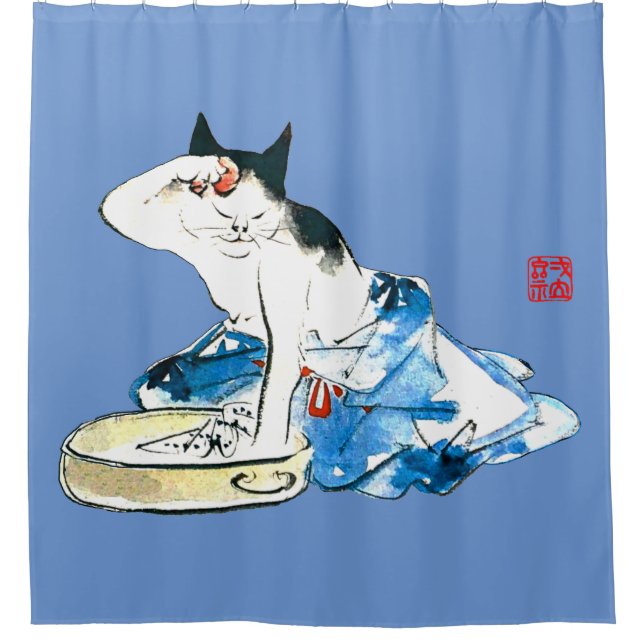 Humorous Japanese Cat Bathing II Shower Curtain (Front)