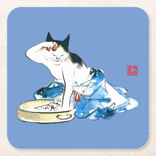 Humorous Japanese Cat Bathing II Square Paper Coaster