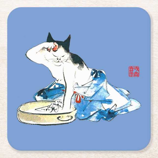 Humorous Japanese Cat Bathing II Square Paper Coaster (Front)