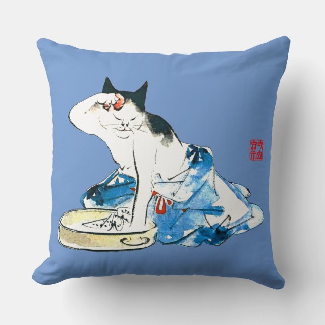 Humorous Japanese Cat Bathing II Throw Pillow (Front)