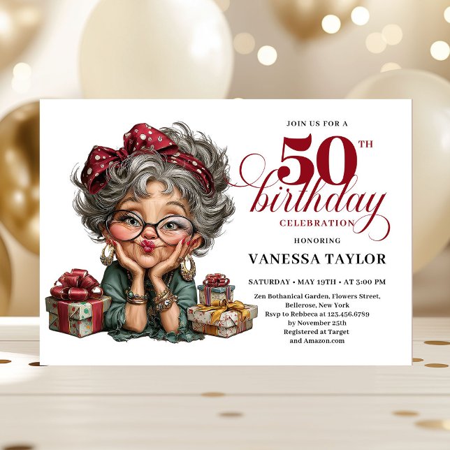Humorous lady turning fifty quirky party invite (Humorous lady turning fifty quirky party invite)