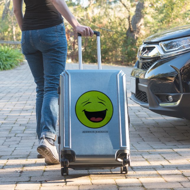 Humorous Laughing Emoji Yellow Face Add Name 14" Sticker (Suitcase Insitu)