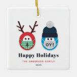 Humorous Masked Christmas and Hanukkah Custom Ceramic Ornament<br><div class="desc">Add some humor to your tree or someone you love with this funny Christmas and Hanukkah themed ornament. The design features a masked reindeer and person wearing a Star of David print winter hat and an "oy!" mask. What could be more perfect for the holidays in 2020.</div>