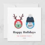 Humorous Masked Christmas and Hanukkah Holiday Card<br><div class="desc">Send some humor with this funny Christmas and Hanukkah themed holiday card. The design features a masked reindeer and character wearing a Star of David print winter hat and an "oy!" mask. Message,  name and year are customizable. Room for an optional text on the back.</div>
