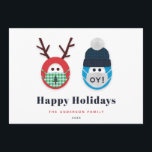 Humorous Masked Christmas and Hanukkah Holiday Cards<br><div class="desc">Send some humor with this funny Christmas and Hanukkah themed holiday card. The design features a masked reindeer and character wearing a Star of David print winter hat and an "oy!" mask. Message,  name and year are customizable. Space for optional message on the back.</div>