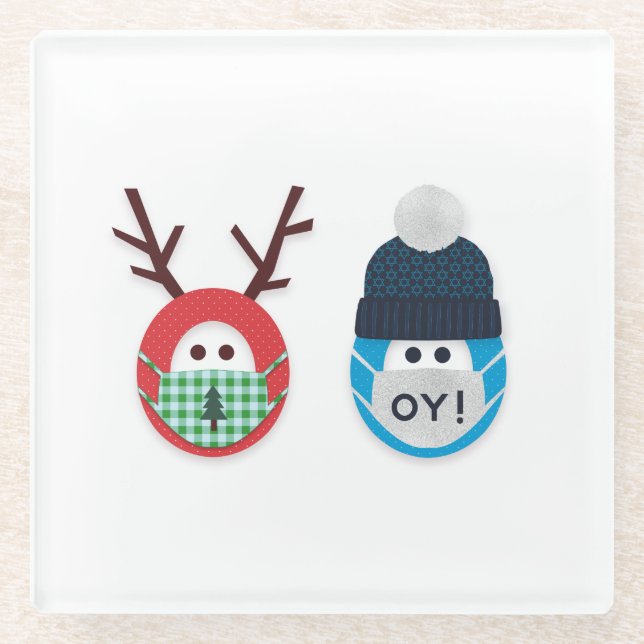 Humorous Masked Holiday Reindeer and Oy! Glass Coaster (Front)