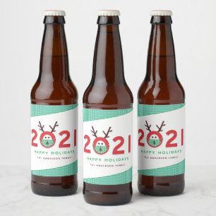 Humorous Masked Reindeer 2021 Custom Holiday Beer Beer Bottle Label