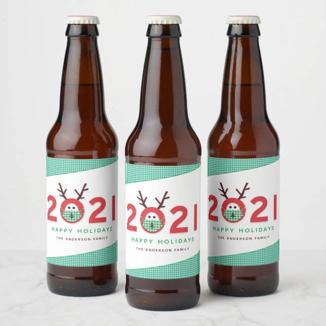 Humorous Masked Reindeer 2021 Custom Holiday Beer Bottle Label (Bottles)