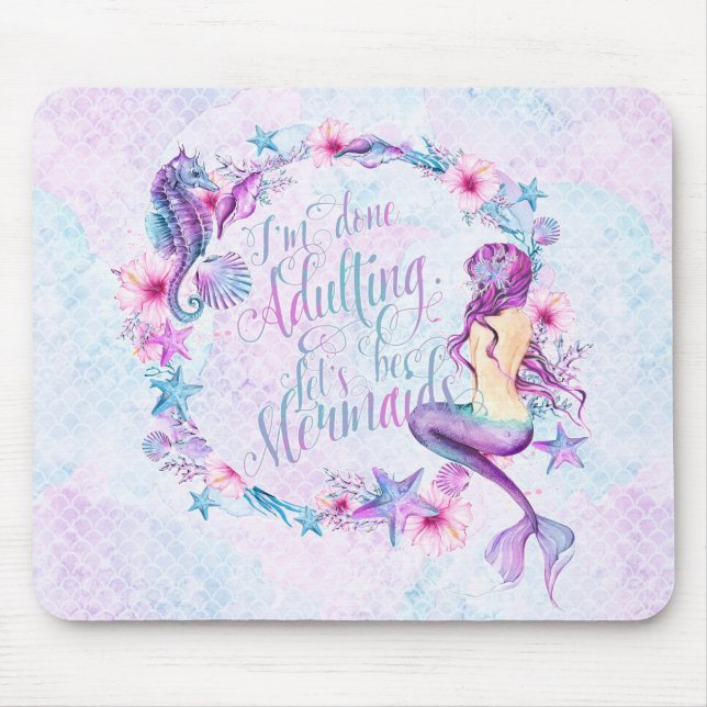 Humorous Mermaid Seahorse Lavender Pink Aqua Mouse Pad (Front)