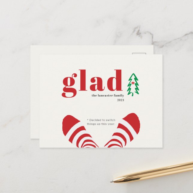 Humorous Minimalist Red Socks New Year Holiday Postcard (Front/Back In Situ)