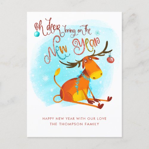 Humorous Oh Deer Bring On The New Year Cartoon Holiday Postcard