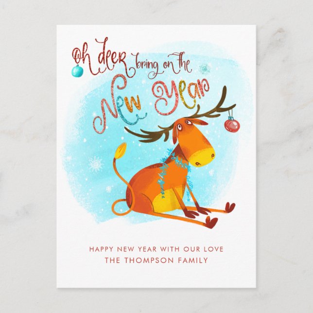 Humorous Oh Deer Bring On The New Year Cartoon Holiday Postcard (Front)
