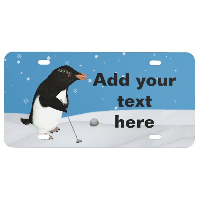 Humorous Penguin Playing Golf, Customizable Text License Plate (Front)