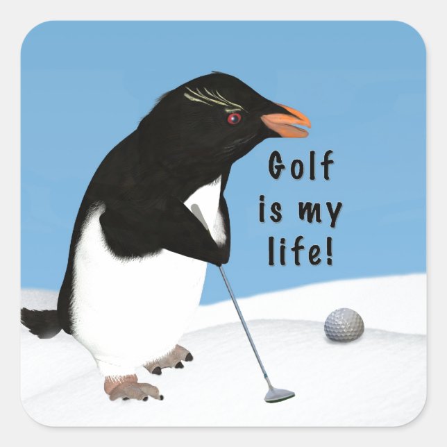 Humorous Penguin Playing Golf Square Sticker (Front)