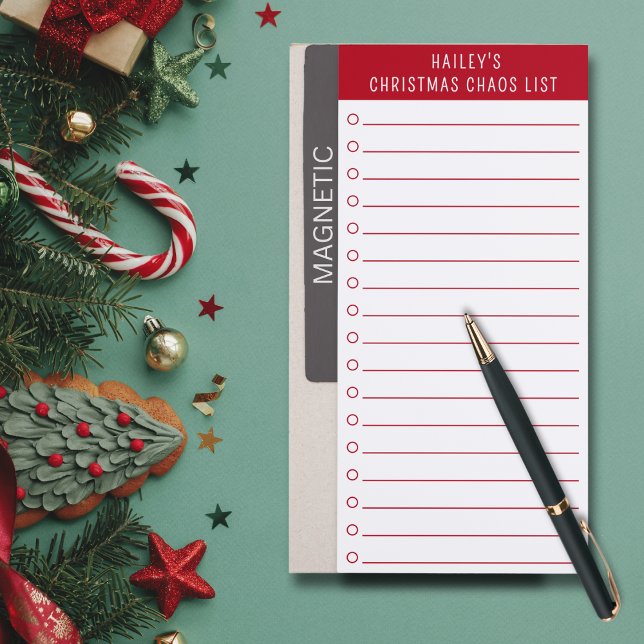 Humorous Personalized Christmas Chaos To Do List Magnetic Notepad (Perfect for list-makers surviving Christmas chaos. Add a name for a funny, custom holiday touch.)