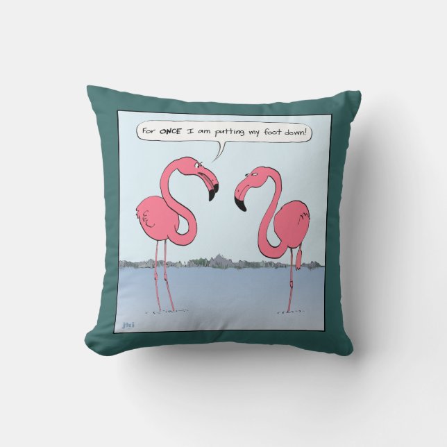 Humorous Pink Flamingos Cartoon - Corny Joke Throw Pillow (Front)