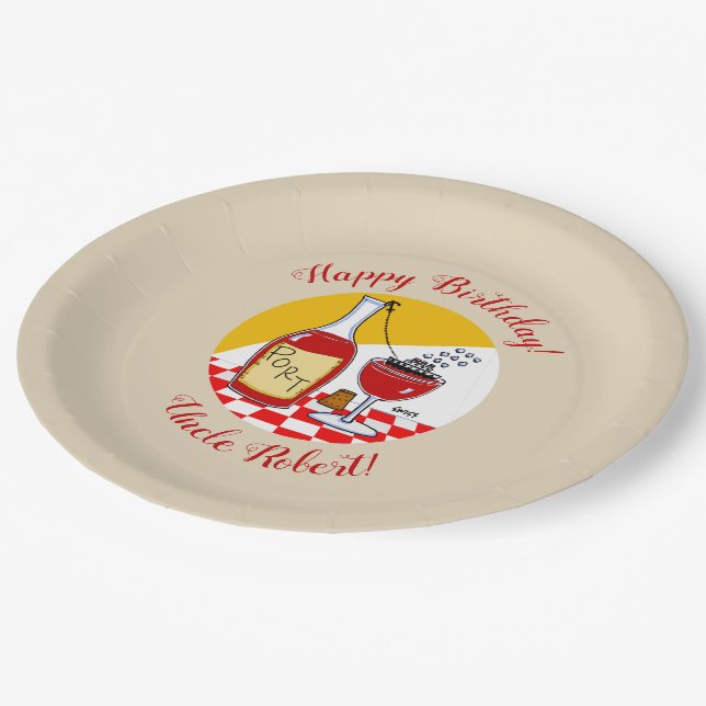 Humorous Port Wine Cartoon Birthday Party Paper Plates (Angled)