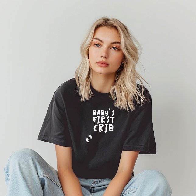 Humorous pregnancy baby fingerprint black white T-Shirt (Humorous baby fingerprint T-Shirt. Prengrant tee with phrase "Baby's First Crib." )