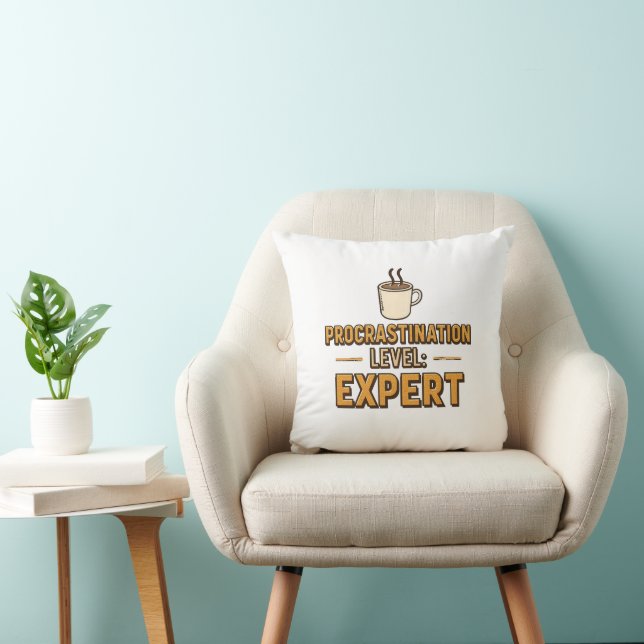 Humorous Procrastinator with Coffee Throw Pillow (Chair)