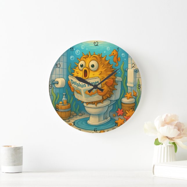 Humorous Pufferfish  Reading in an Aquatic-Themed  Large Clock (Home)