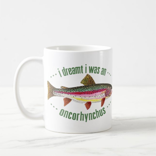 Humorous Rainbow Trout Design Coffee Mug (Left)