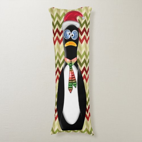 Humorous Santa Penguin on Red and Green Zig Zags Body Pillow