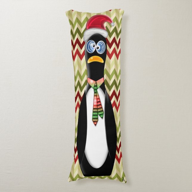 Humorous Santa Penguin on Red and Green Zig Zags Body Pillow (Front Vertical)