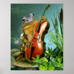Humorous Scene Frog Playing Cello In Lily Pond Poster at Zazzle