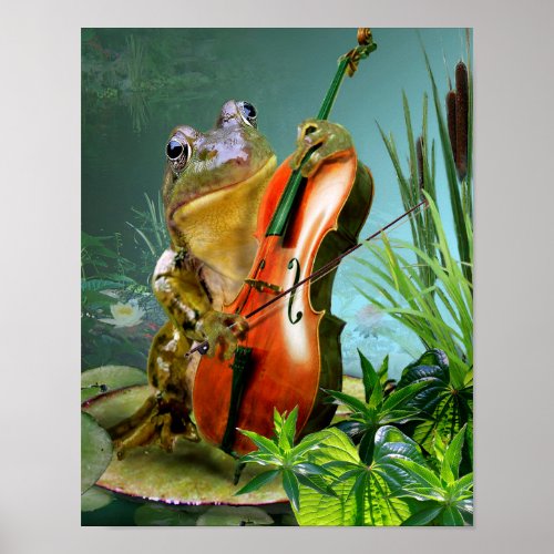 Humorous scene frog playing cello in lily pond poster