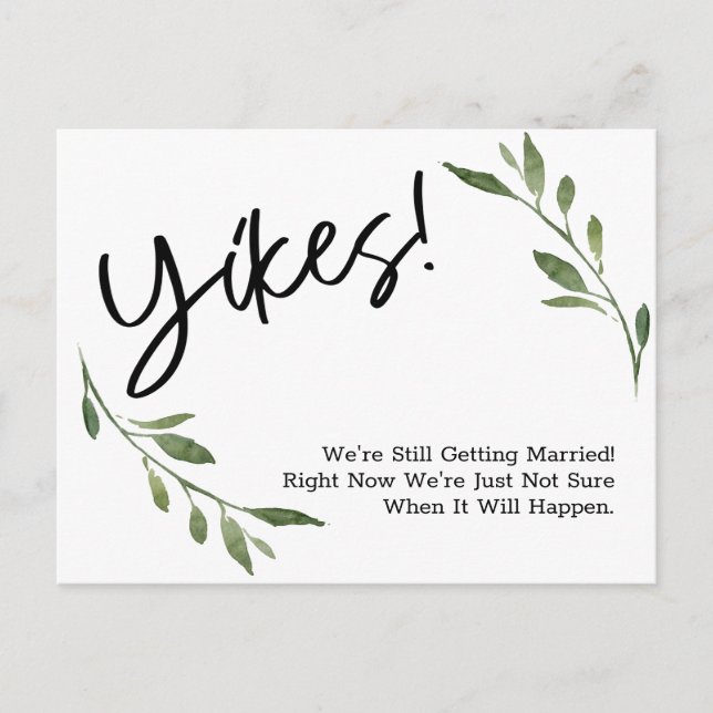 Humorous Simple Greenery Postponed Wedding Update Postcard (Front)