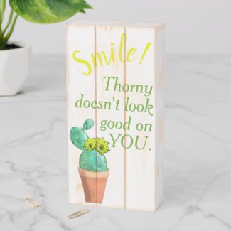 Humorous Smile Thorny Yellow Flower Cactus Wooden Box Sign