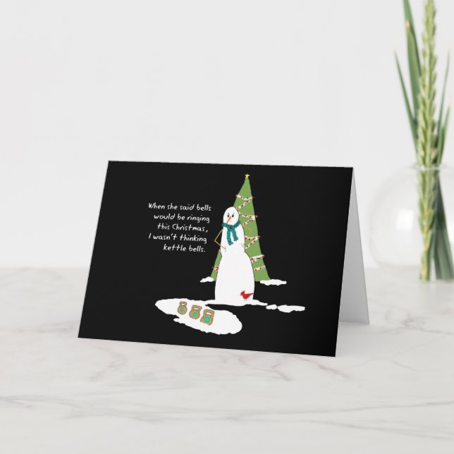 Humorous Snowman Kettle Bells Christmas Card (Front)
