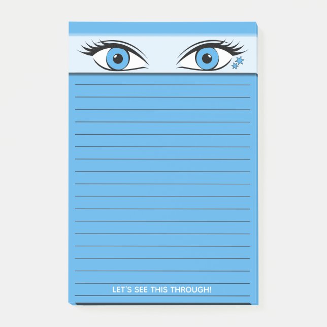 Humorous Steely Blue Eyes Staring Atop Lined Post-it Notes (Front)