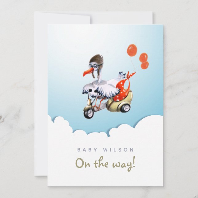 Humorous Stork on Scooter Orange Gender Neutral Invitation (Front)
