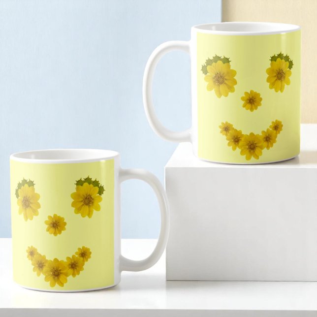 Humorous Sunshine Yellow Flowers Smile Face Coffee Mug (flower smile design on both sides of mug)