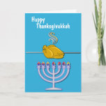 Humorous Thanksgivukkah Custom Holiday Card<br><div class="desc">Fun custom Thanksgivukkah greeting card done in a sky blue,  with graphics of a spit roasting turkey over a Menorah.  White text,  on the front reads,  Happy Thanksgivukkah.  Personalize the text inside to read what you want.</div>